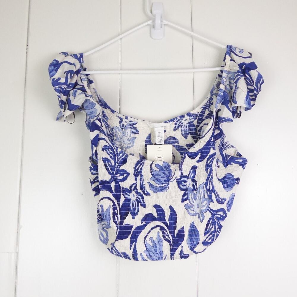 H&M Top Womens SZ XL Cropped Smocked Top Linen Blend Puff Sleeves Beachy Coastal
